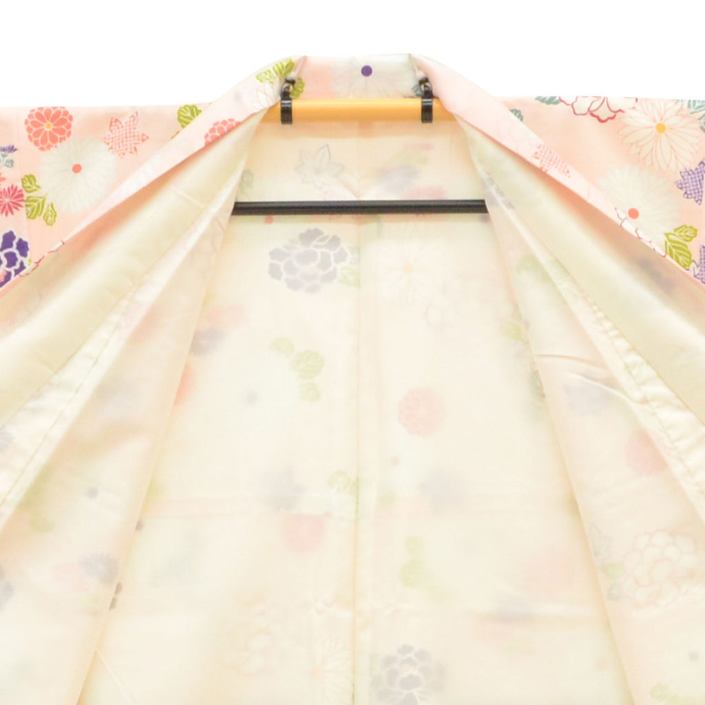 [Used] Recycled Kimono, Komon style, Synthetic fiber, Size L (Slightly plus size L), Good condition, Length 164cm, Sleeve length 67.5cm, Lined, Ready-made, Excellent condition, Washable, Pink, Chrysanthemum, Peony, Maple leaf pattern, Reused, uu2395b 