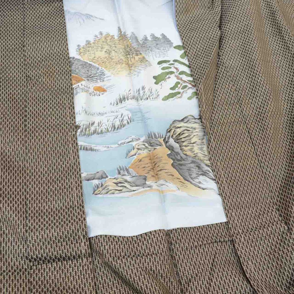 [Used] Recycled Kimono and Haori Set Ensemble for Men, Oshima Tsumugi Silk, Excellent Condition, Unused, Sleeve Length 72.2cm (28.4in), Body Length 153.0cm (60.2in), Size LL, Brown Stripe Pattern, with Obi Belt, Men's uu2397b 