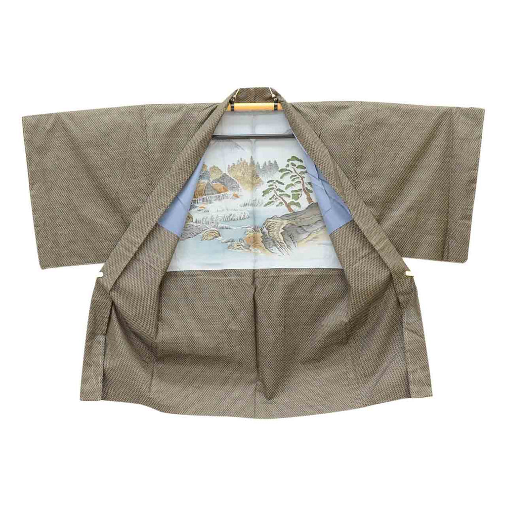 [Used] Recycled Kimono and Haori Set Ensemble for Men, Oshima Tsumugi Silk, Excellent Condition, Unused, Sleeve Length 72.2cm (28.4in), Body Length 153.0cm (60.2in), Size LL, Brown Stripe Pattern, with Obi Belt, Men's uu2397b 