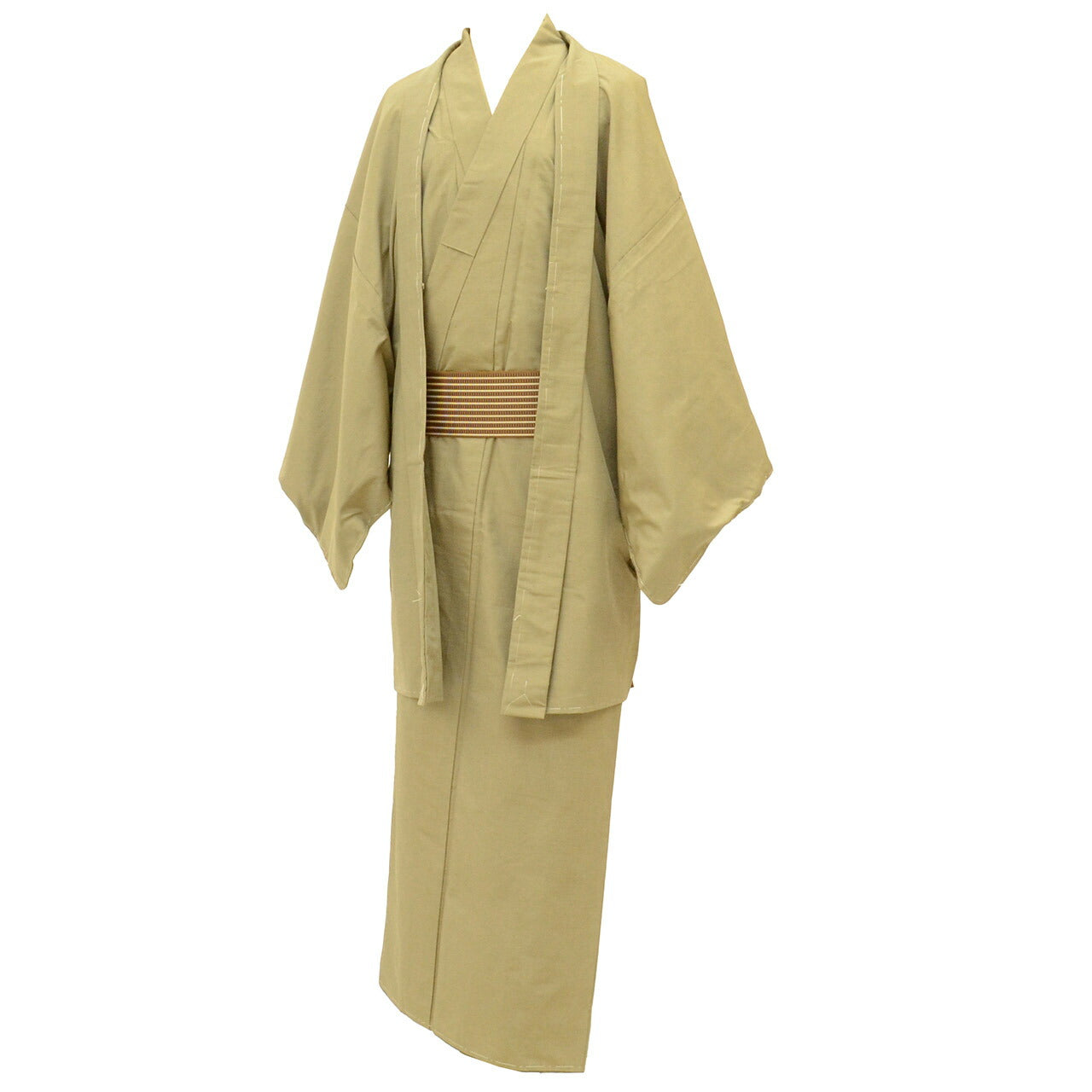 [Used] Recycled Kimono Set - Men's - Tsumugi Silk - Unused - Sleeve Length 71.5cm, Body Length 147cm - Size L - Green - Includes Nagajuban (undergarment) and Obi (sash) - Authentic Chikuzen Hakata Obi with Certificate of Authenticity - Men's uu2400b 