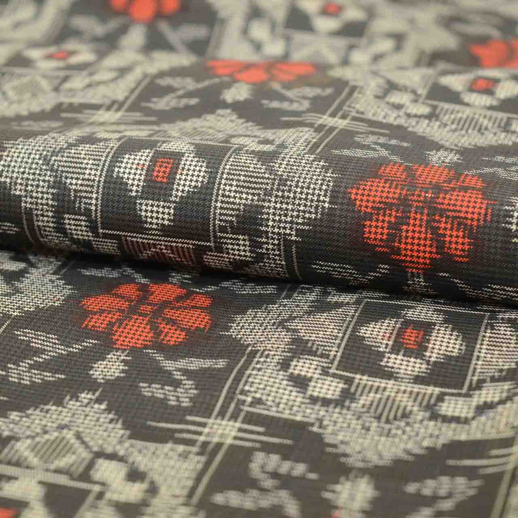 Vintage Japanese Kimono | Women's Oshima Tsumugi Ensemble | Black Silk | Floral | Michiyuki Coat | Unused | Size L | Sustainable | uu2401b
