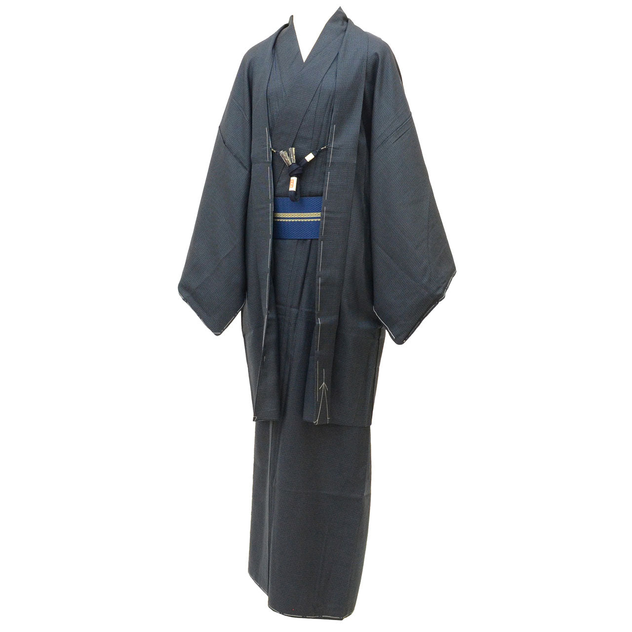 [Used] Recycled Kimono and Haori Set Ensemble for Men, Oshima Tsumugi Silk, Unused, Sleeve Length 69.4cm, Body Length 145.5cm, Size L, Navy Blue, Tortoiseshell Pattern, Includes Nagajuban (undergarment), Obi (sash), and Haori Cord, Men's uu2402b 