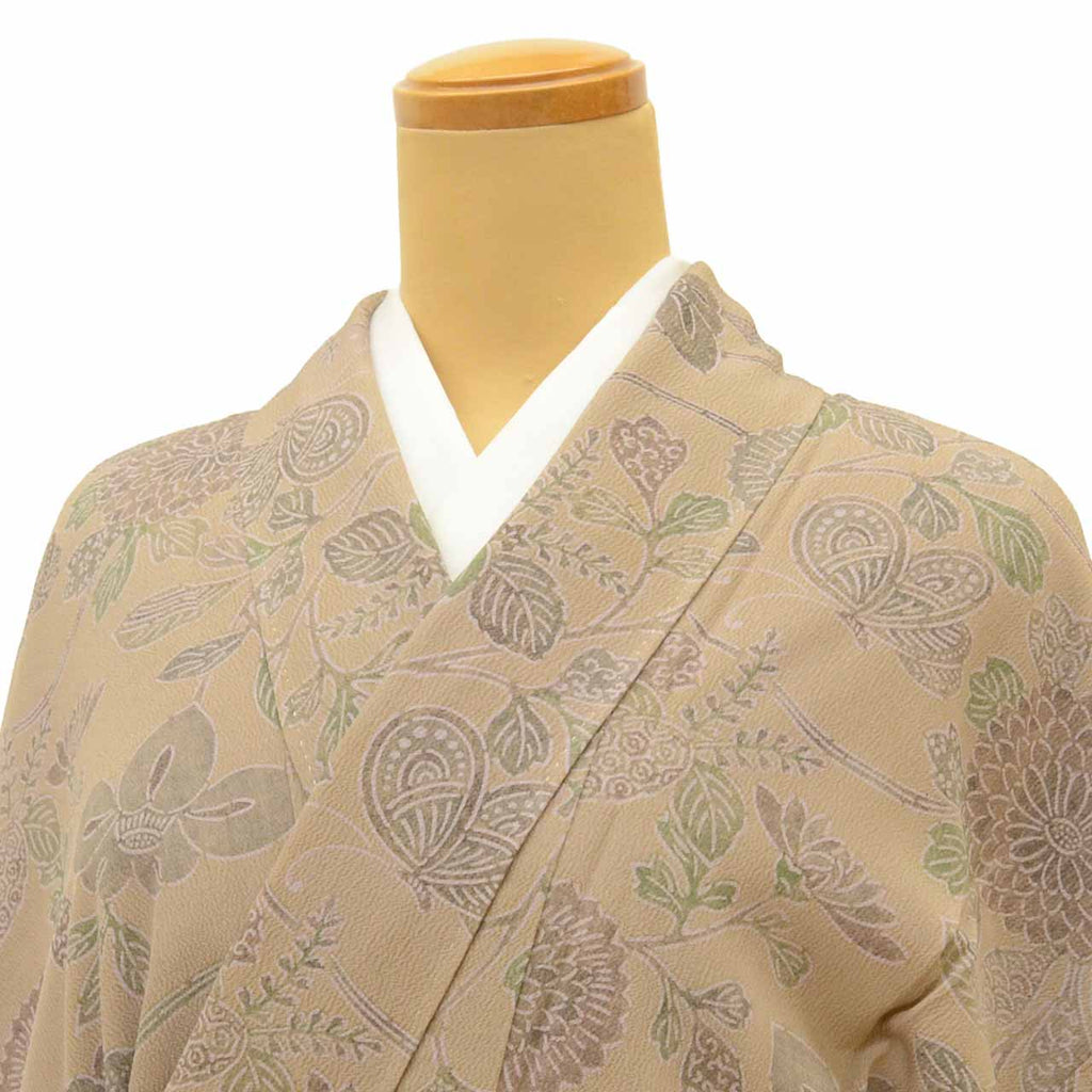 [Used] Recycled Kimono, Komon Kimono, Pure Silk, Size M, Excellent Condition, Length 158.3cm (62.3in), Mitsukoshi Brand, Sleeve Length 63.0cm (24.8in), Lined, Ready-made, Crepe Silk, Brown, Floral Pattern, Silk, Reused uu2403b 