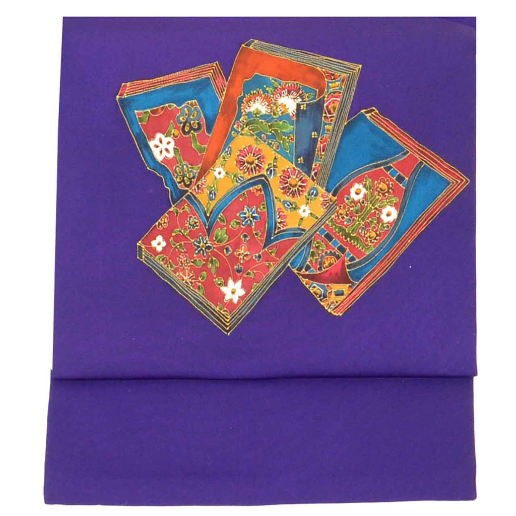 Vintage Japanese Obi | Nagoya Obi | Purple Silk Habutae | Book Scroll Pattern | Dye-painted | Sustainable | uu2411b