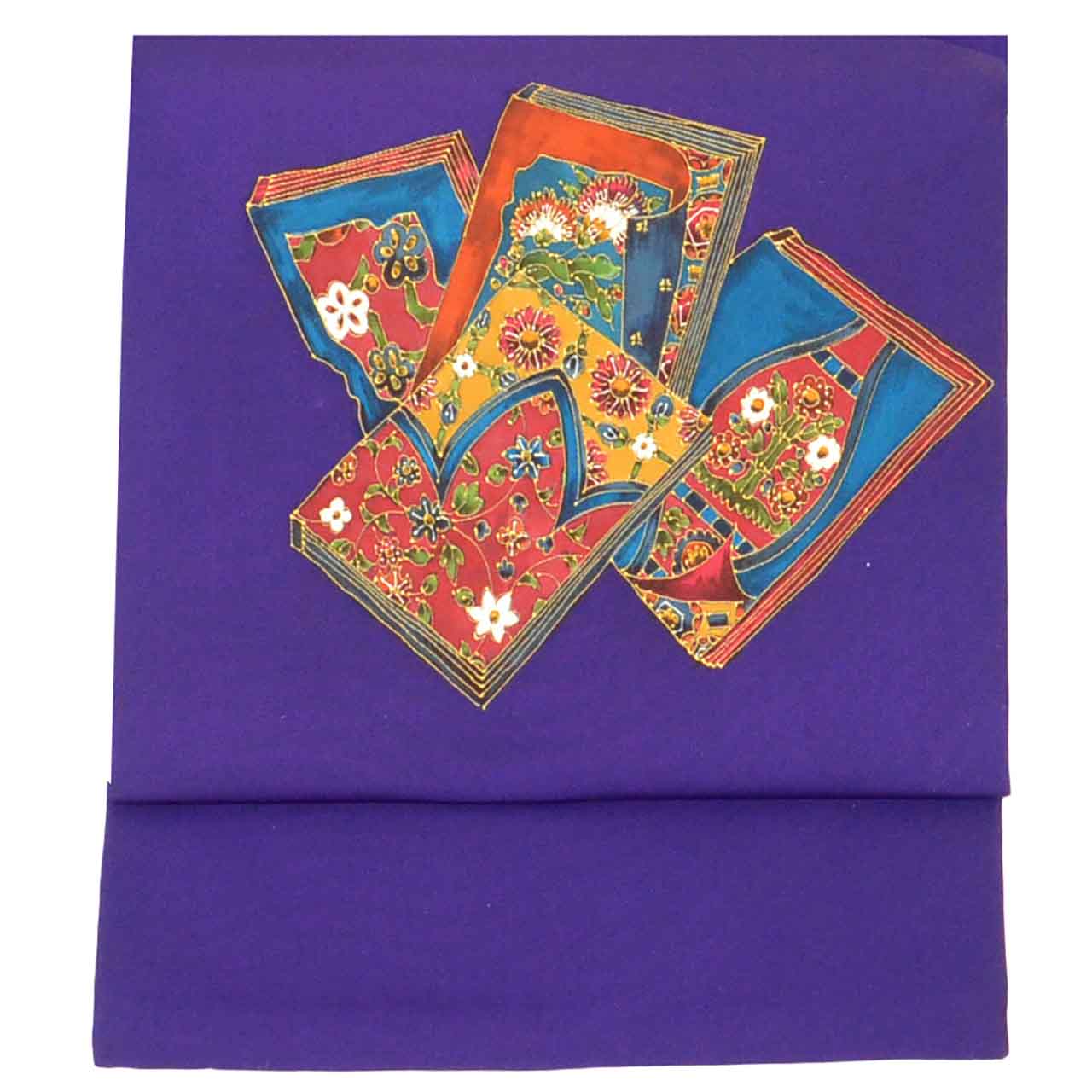 Vintage Japanese Obi | Nagoya Obi | Purple Silk Habutae | Book Scroll Pattern | Dye-painted | Sustainable | uu2411b