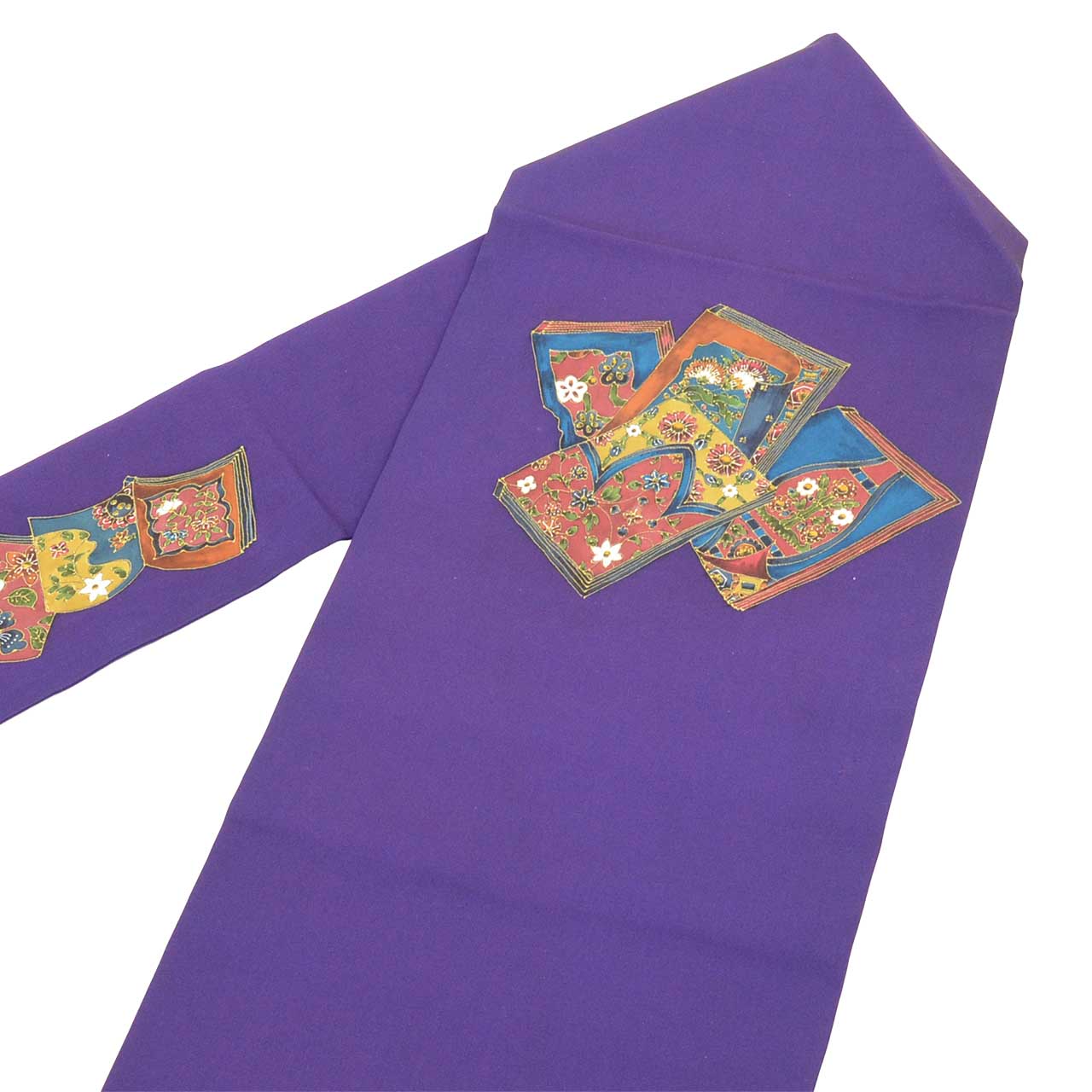 Vintage Japanese Obi | Nagoya Obi | Purple Silk Habutae | Book Scroll Pattern | Dye-painted | Sustainable | uu2411b