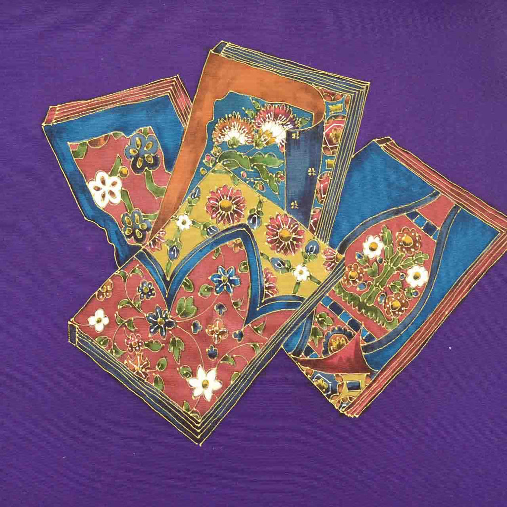 Vintage Japanese Obi | Nagoya Obi | Purple Silk Habutae | Book Scroll Pattern | Dye-painted | Sustainable | uu2411b