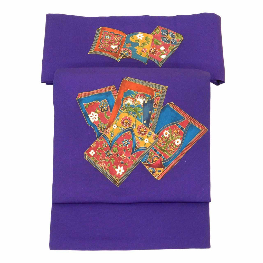 Vintage Japanese Obi | Nagoya Obi | Purple Silk Habutae | Book Scroll Pattern | Dye-painted | Sustainable | uu2411b