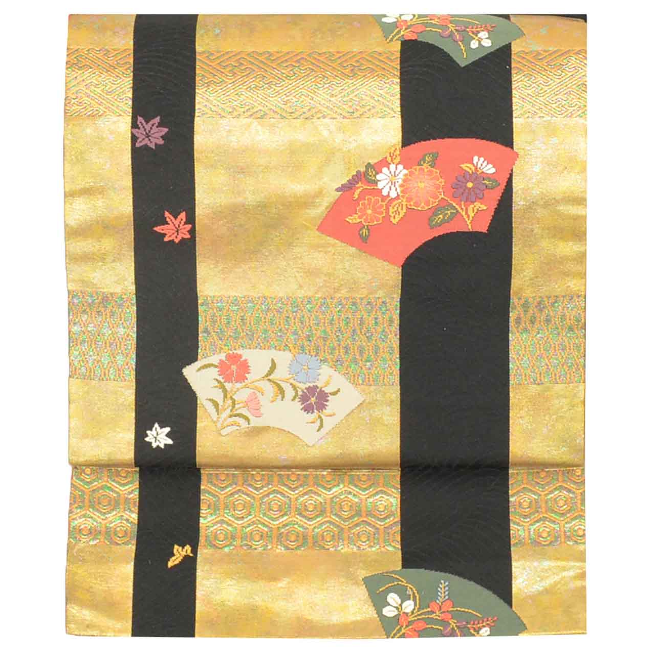 Vintage Japanese Obi | Nagoya Obi | Black Gold Silk | Fan Paper Floral | Hikihaku | Sustainable | uu2417b