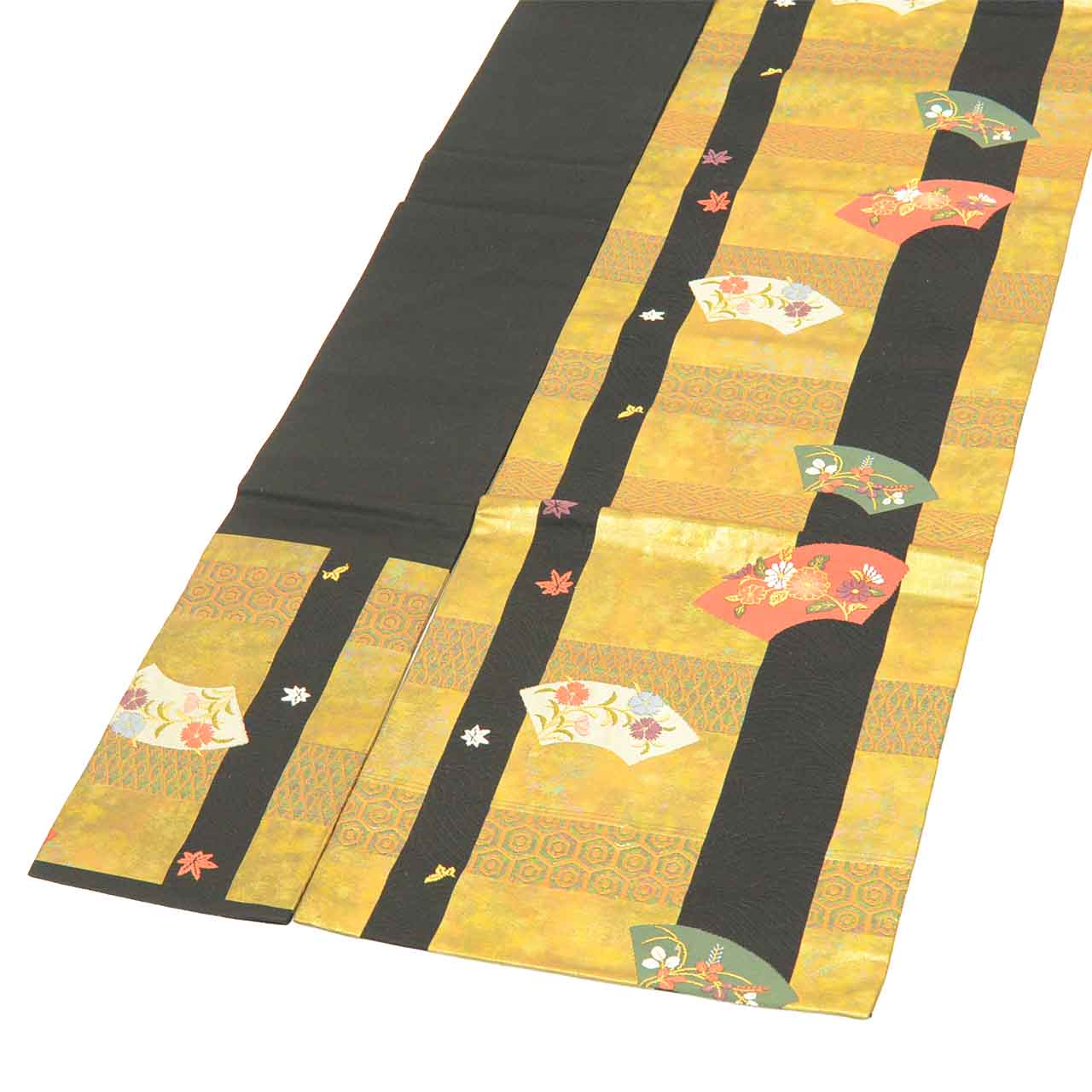 Vintage Japanese Obi | Nagoya Obi | Black Gold Silk | Fan Paper Floral | Hikihaku | Sustainable | uu2417b