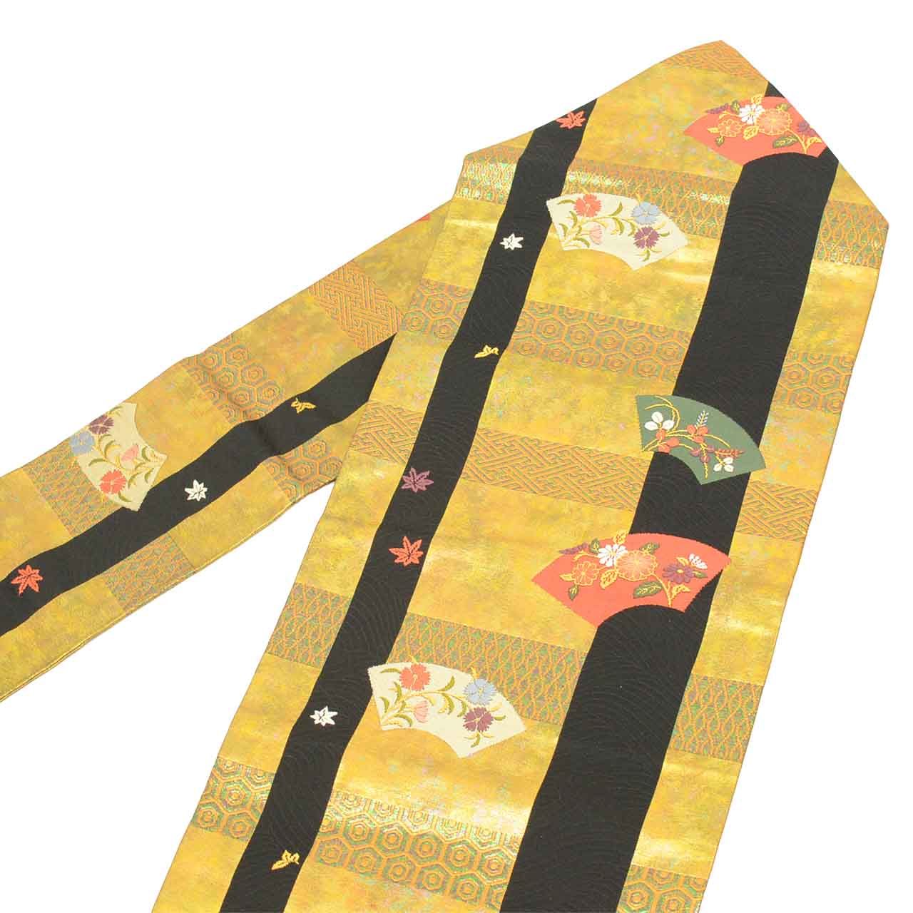 Vintage Japanese Obi | Nagoya Obi | Black Gold Silk | Fan Paper Floral | Hikihaku | Sustainable | uu2417b