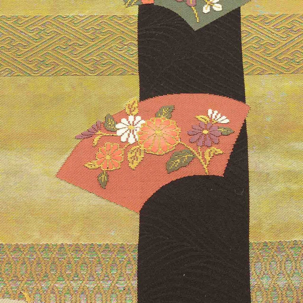 Vintage Japanese Obi | Nagoya Obi | Black Gold Silk | Fan Paper Floral | Hikihaku | Sustainable | uu2417b