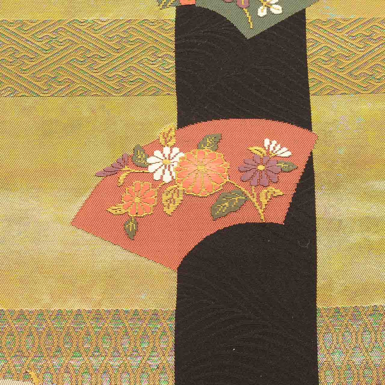 Vintage Japanese Obi | Nagoya Obi | Black Gold Silk | Fan Paper Floral | Hikihaku | Sustainable | uu2417b