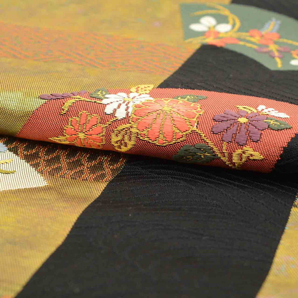 Vintage Japanese Obi | Nagoya Obi | Black Gold Silk | Fan Paper Floral | Hikihaku | Sustainable | uu2417b