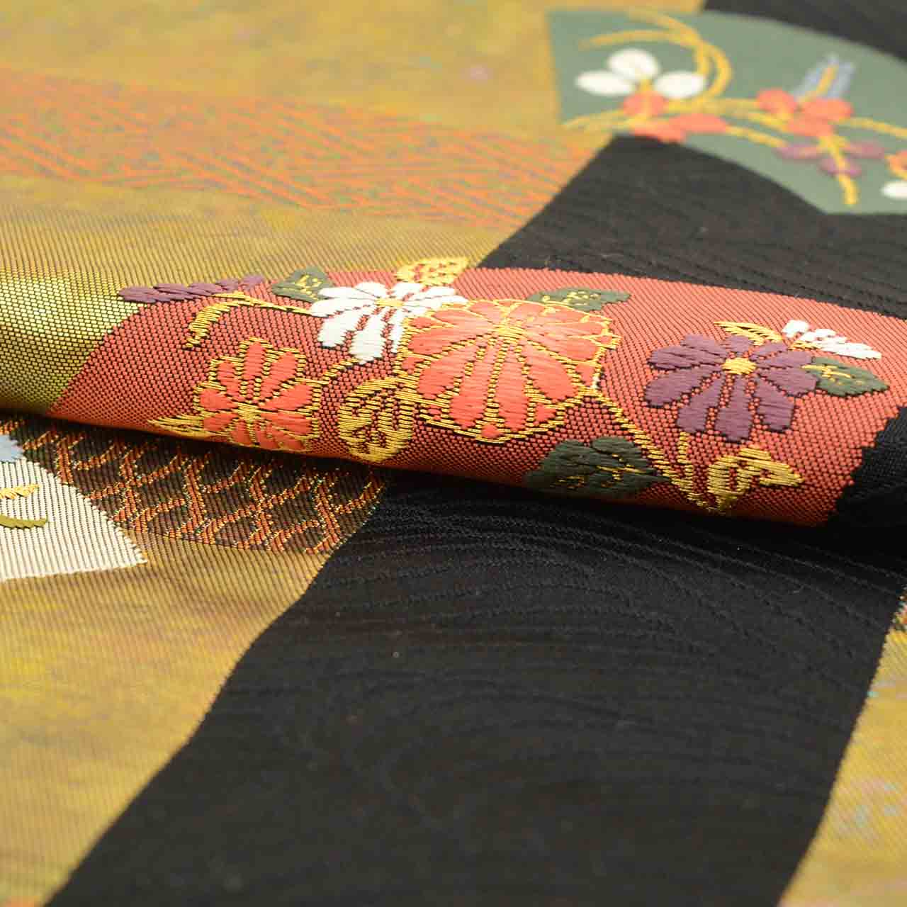 Vintage Japanese Obi | Nagoya Obi | Black Gold Silk | Fan Paper Floral | Hikihaku | Sustainable | uu2417b