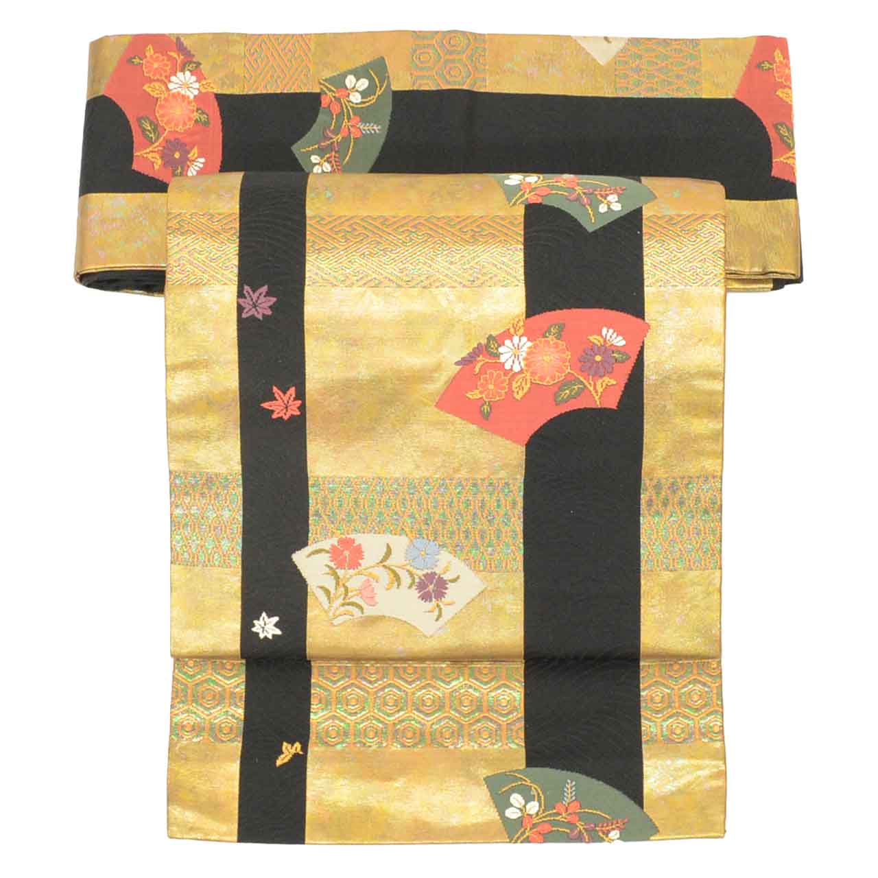 Vintage Japanese Obi | Nagoya Obi | Black Gold Silk | Fan Paper Floral | Hikihaku | Sustainable | uu2417b