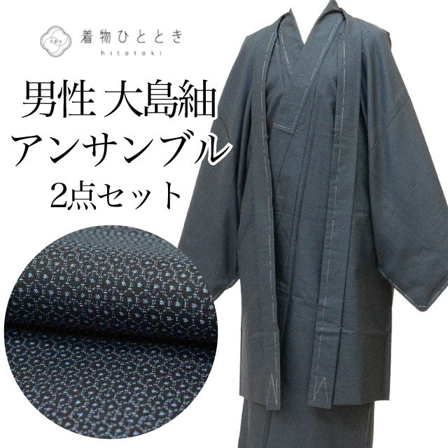 【中古】 リサイクル着物 羽織 アンサンブル 男性 大島紬 正絹 美品 未使用品 裄69cm 身丈153.5cm LL 紺色系 亀甲絣文様 メンズ uu2418b