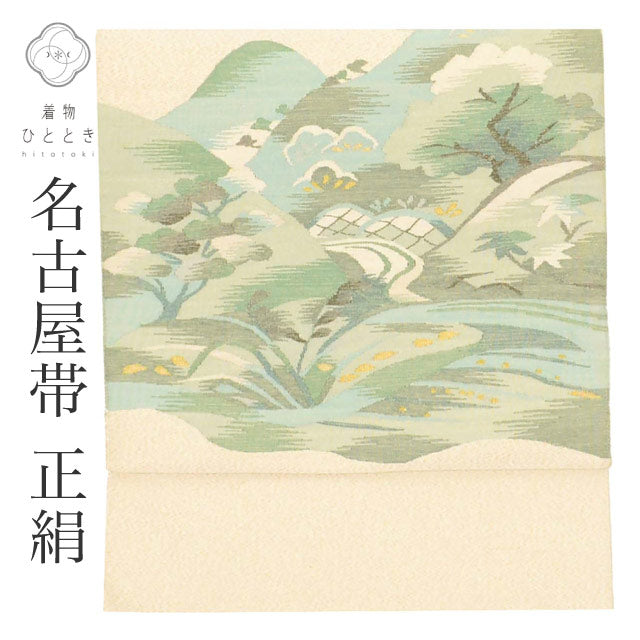 【中古】 リサイクル名古屋帯 正絹 綴れ織 八寸帯 金糸 ベージュ 風景 良品 セミフォーマル お太鼓柄 帯芯無し SILK 着物 リユース uu2423b