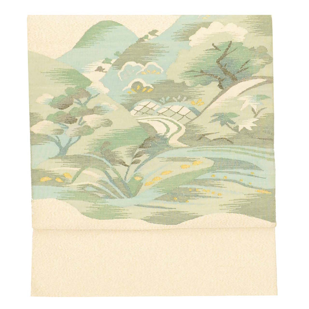 Vintage Japanese Obi | Nagoya Obi | Beige Silk | Landscape | Tsuzure-ori | Semi-formal | Sustainable | uu2423b