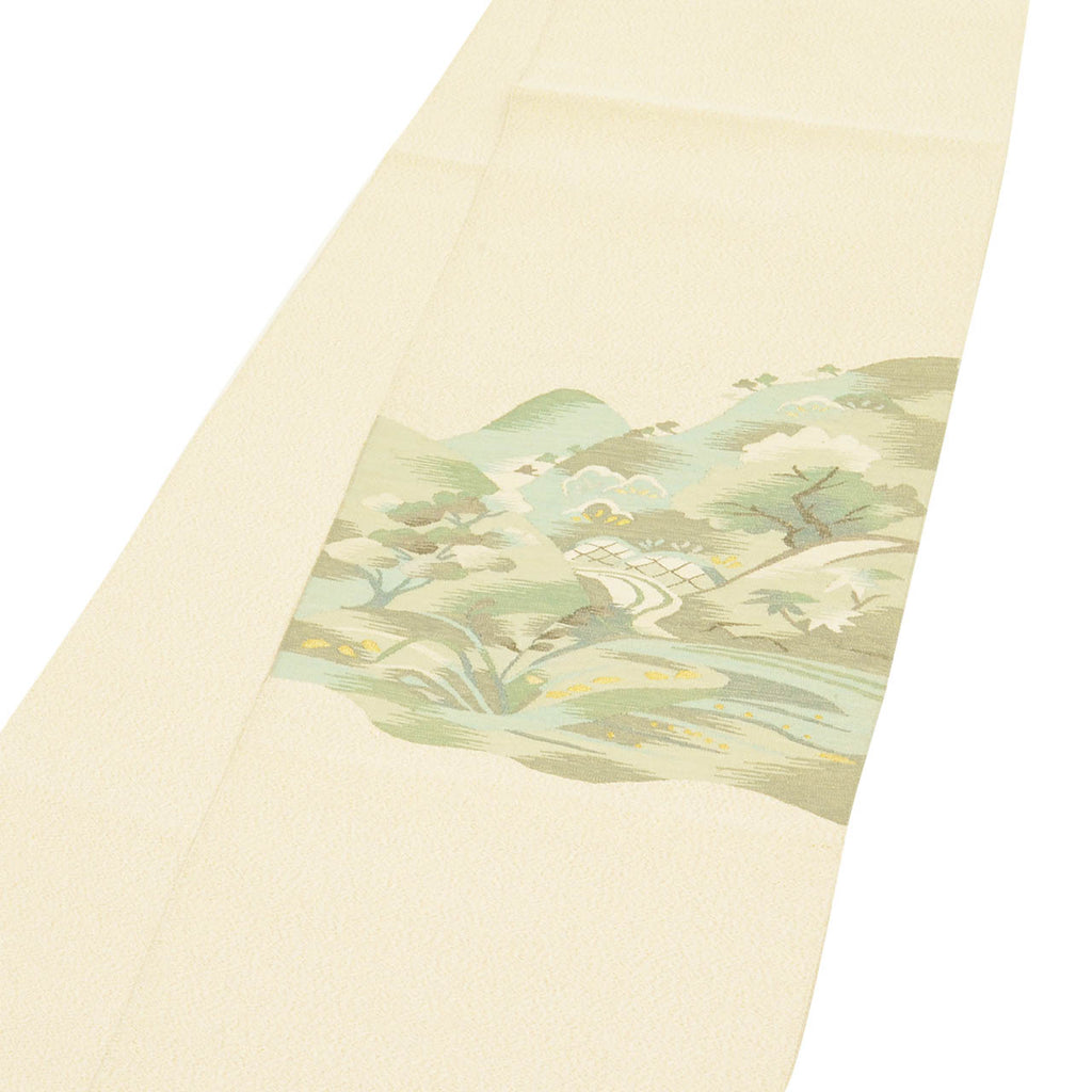Vintage Japanese Obi | Nagoya Obi | Beige Silk | Landscape | Tsuzure-ori | Semi-formal | Sustainable | uu2423b