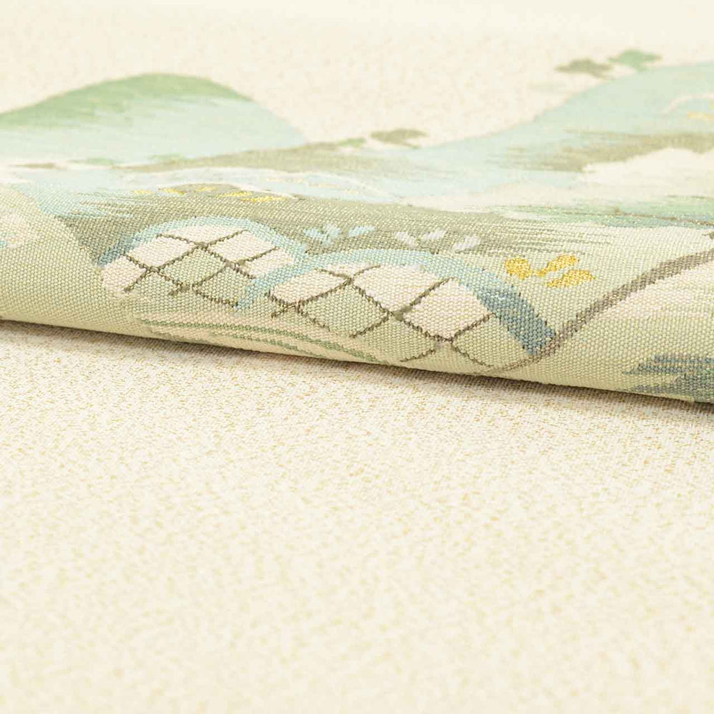 Vintage Japanese Obi | Nagoya Obi | Beige Silk | Landscape | Tsuzure-ori | Semi-formal | Sustainable | uu2423b