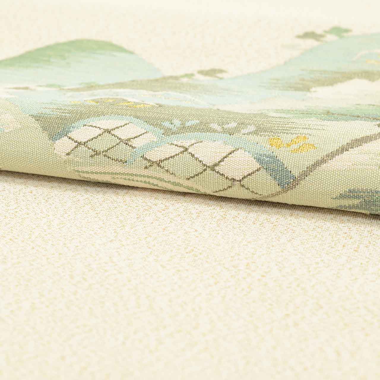 Vintage Japanese Obi | Nagoya Obi | Beige Silk | Landscape | Tsuzure-ori | Semi-formal | Sustainable | uu2423b