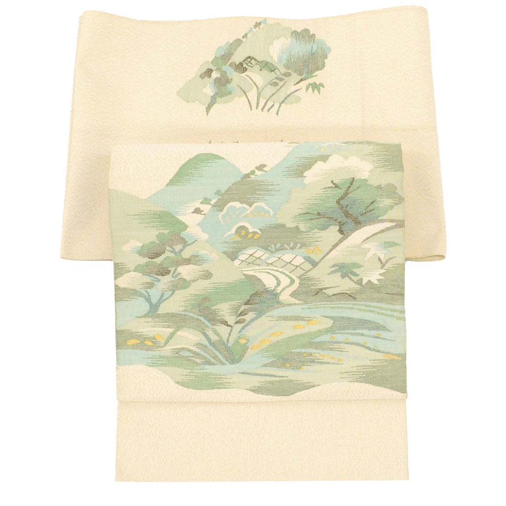 Vintage Japanese Obi | Nagoya Obi | Beige Silk | Landscape | Tsuzure-ori | Semi-formal | Sustainable | uu2423b
