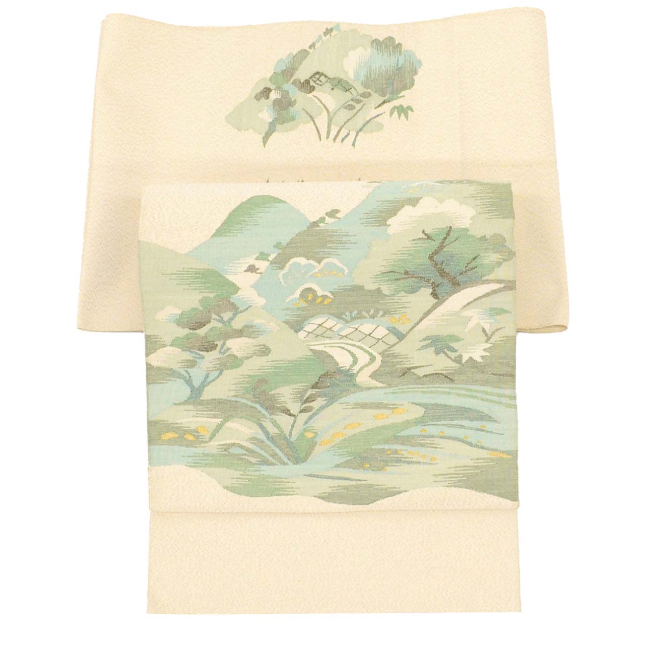 Vintage Japanese Obi | Nagoya Obi | Beige Silk | Landscape | Tsuzure-ori | Semi-formal | Sustainable | uu2423b