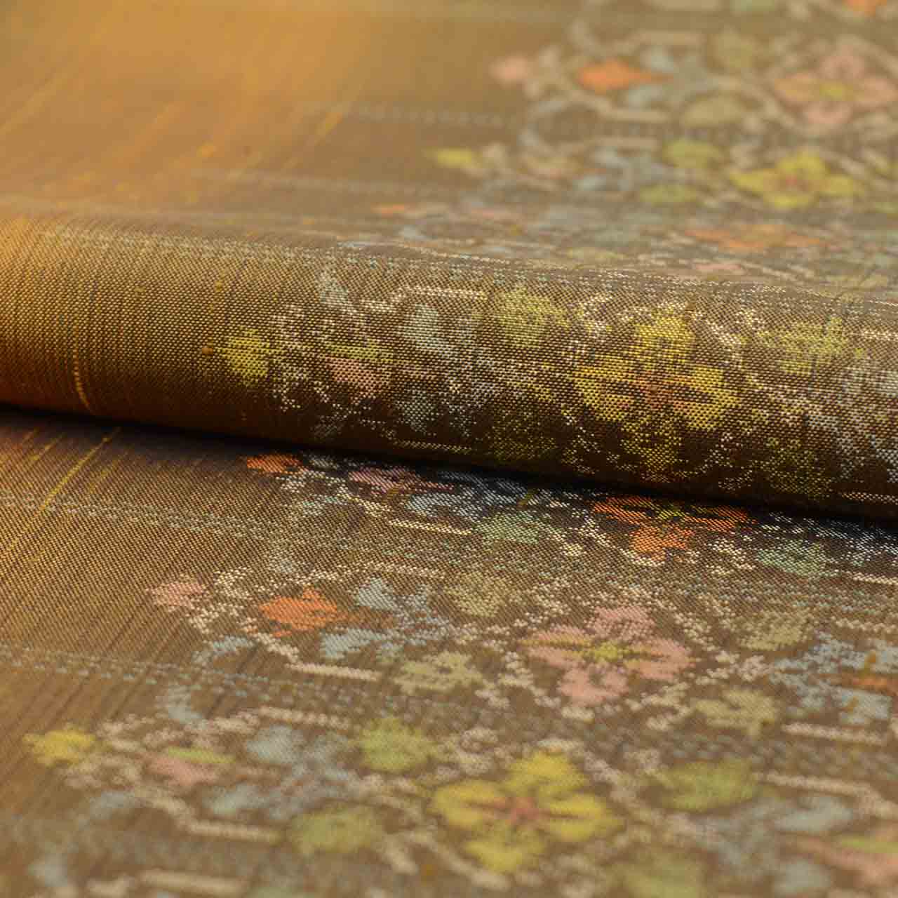 Vintage Japanese Obi | Sha-re Fukuro Obi | Brown Silk Tsumugi | Floral | Reversible | Harebare Guard | Sustainable | uu2424b
