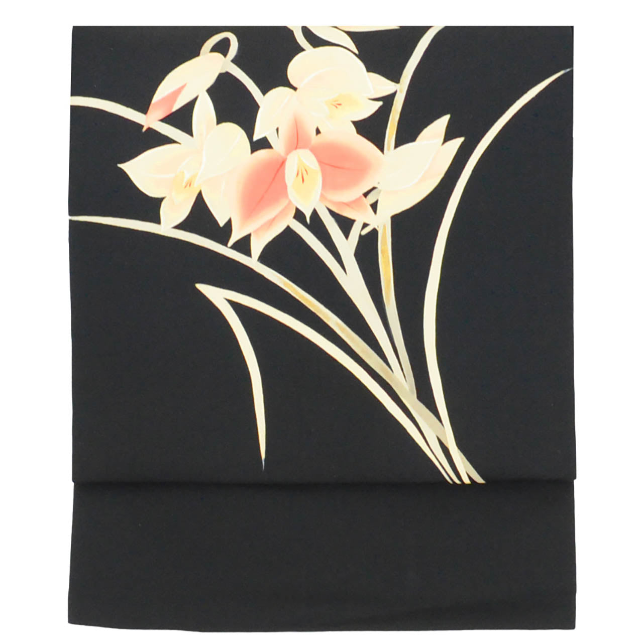 Vintage Japanese Obi | Nagoya Obi | Black Silk Habutae | Floral Gold Foil | Dye-painted | Sustainable | uu2428b