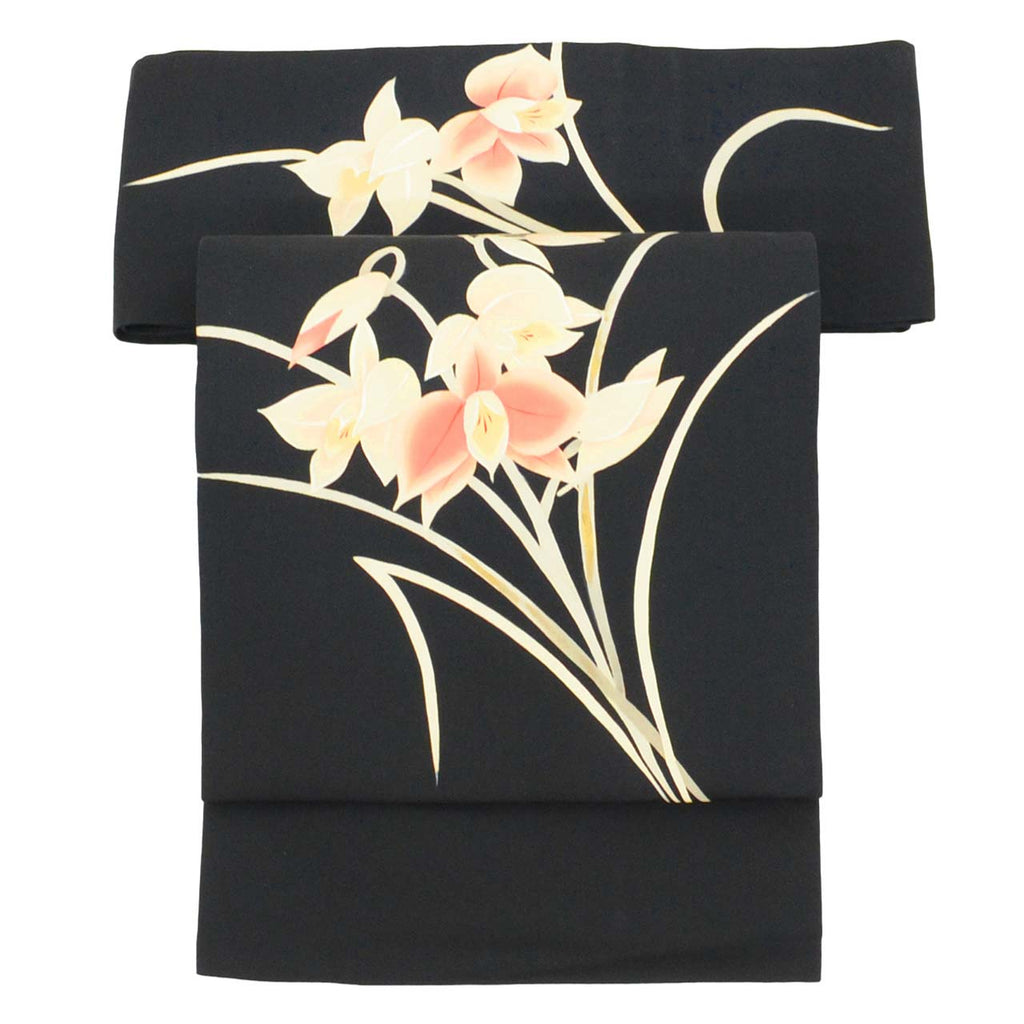 Vintage Japanese Obi | Nagoya Obi | Black Silk Habutae | Floral Gold Foil | Dye-painted | Sustainable | uu2428b