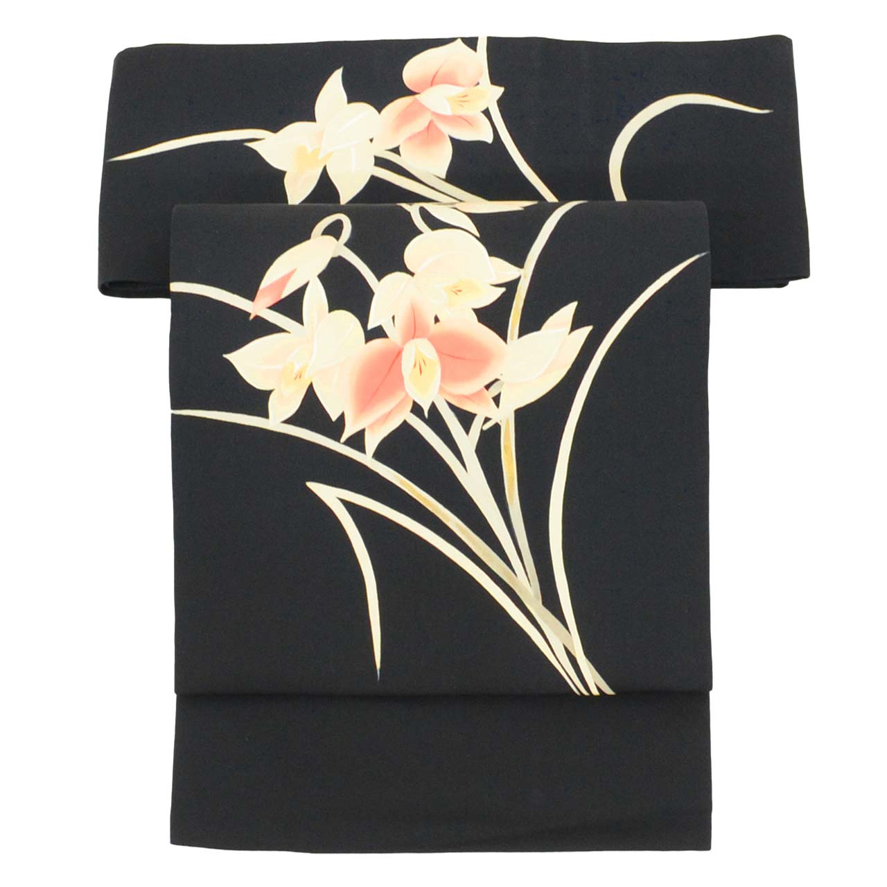 Vintage Japanese Obi | Nagoya Obi | Black Silk Habutae | Floral Gold Foil | Dye-painted | Sustainable | uu2428b