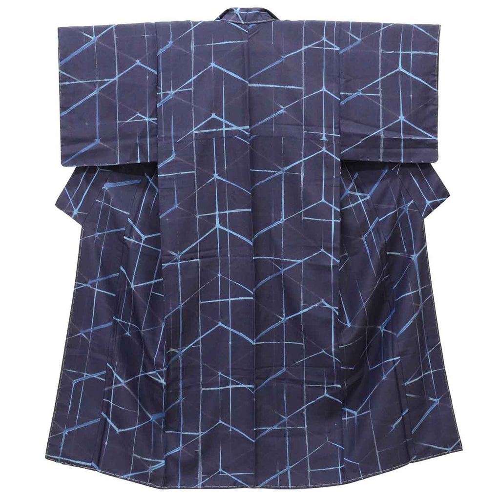 Vintage Japanese Kimono | Tsumugi | Navy Silk | Geometric Pattern | Plant-dyed | Excellent | Size S-L | Sustainable | uu2432b