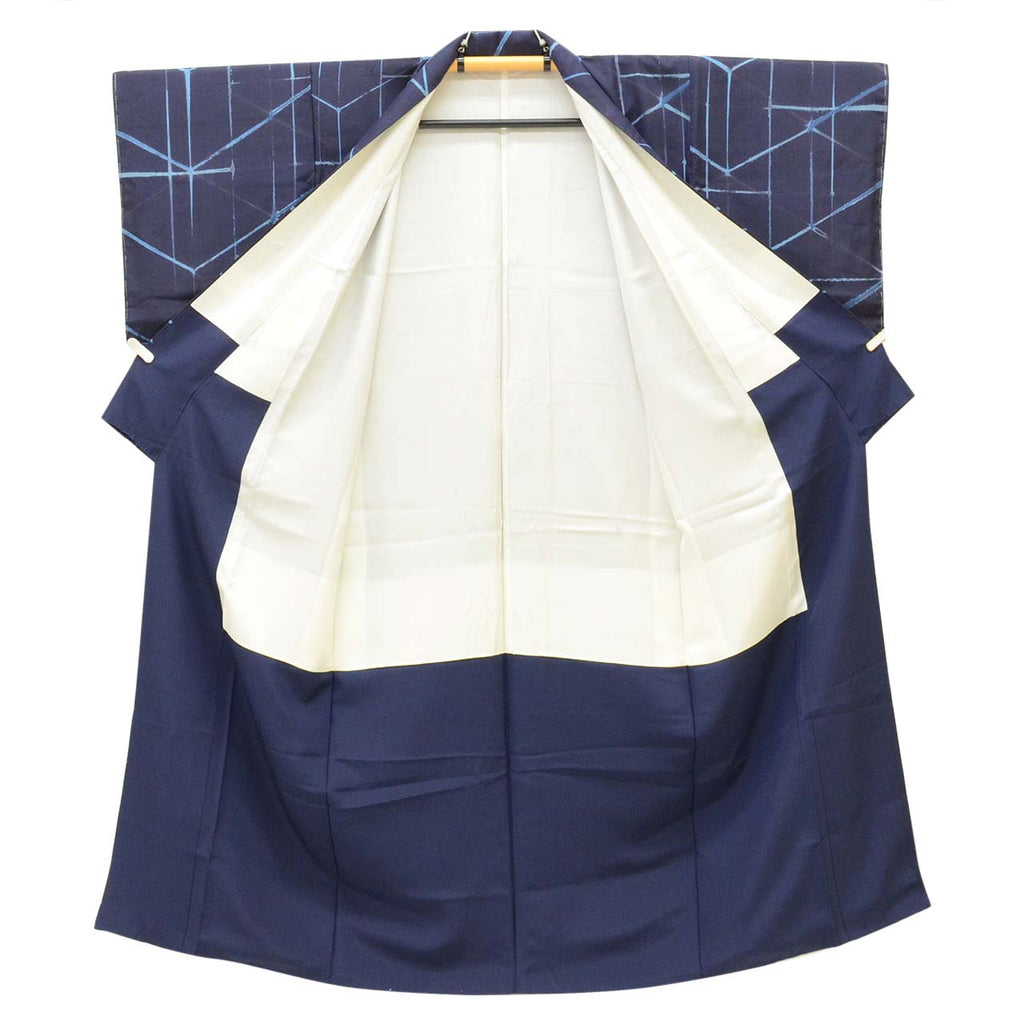 Vintage Japanese Kimono | Tsumugi | Navy Silk | Geometric Pattern | Plant-dyed | Excellent | Size S-L | Sustainable | uu2432b
