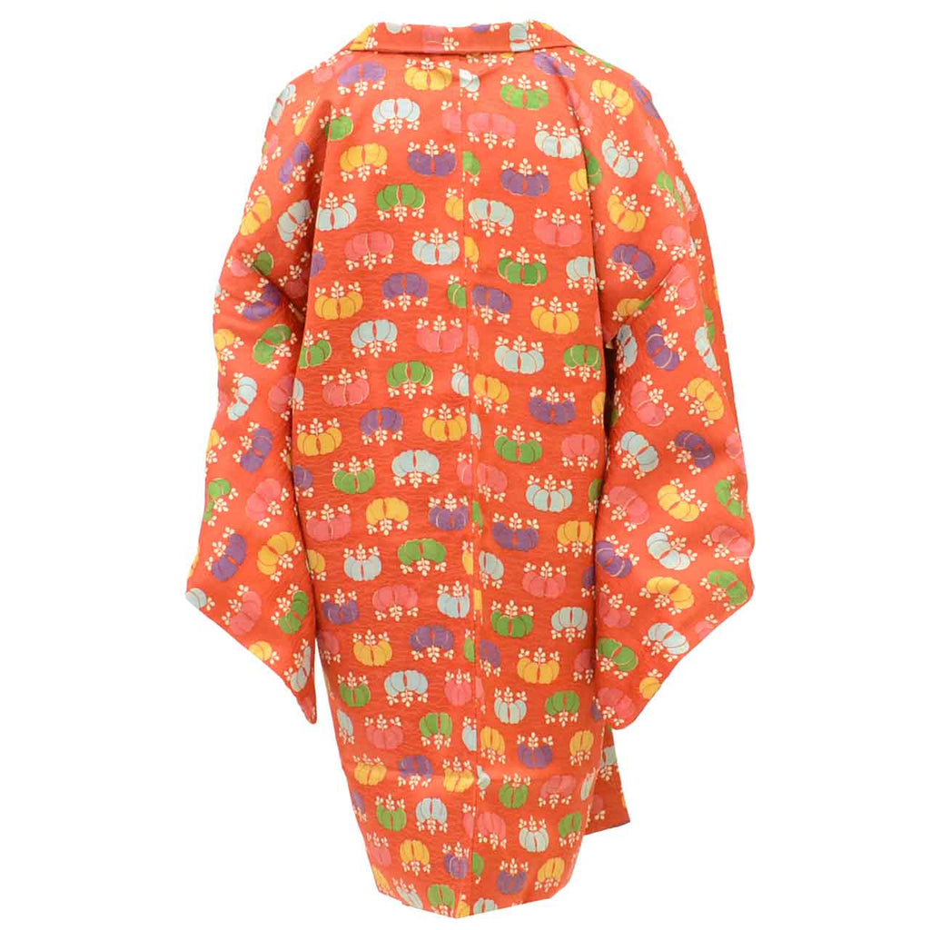 [Used] Long Haori (kimono jacket), recycled kimono, pure silk, unused, length 89.0cm (35.0in), sleeve length 65.5cm (25.8in), red, paulownia pattern, long length, SILK, reuse uu2454b 