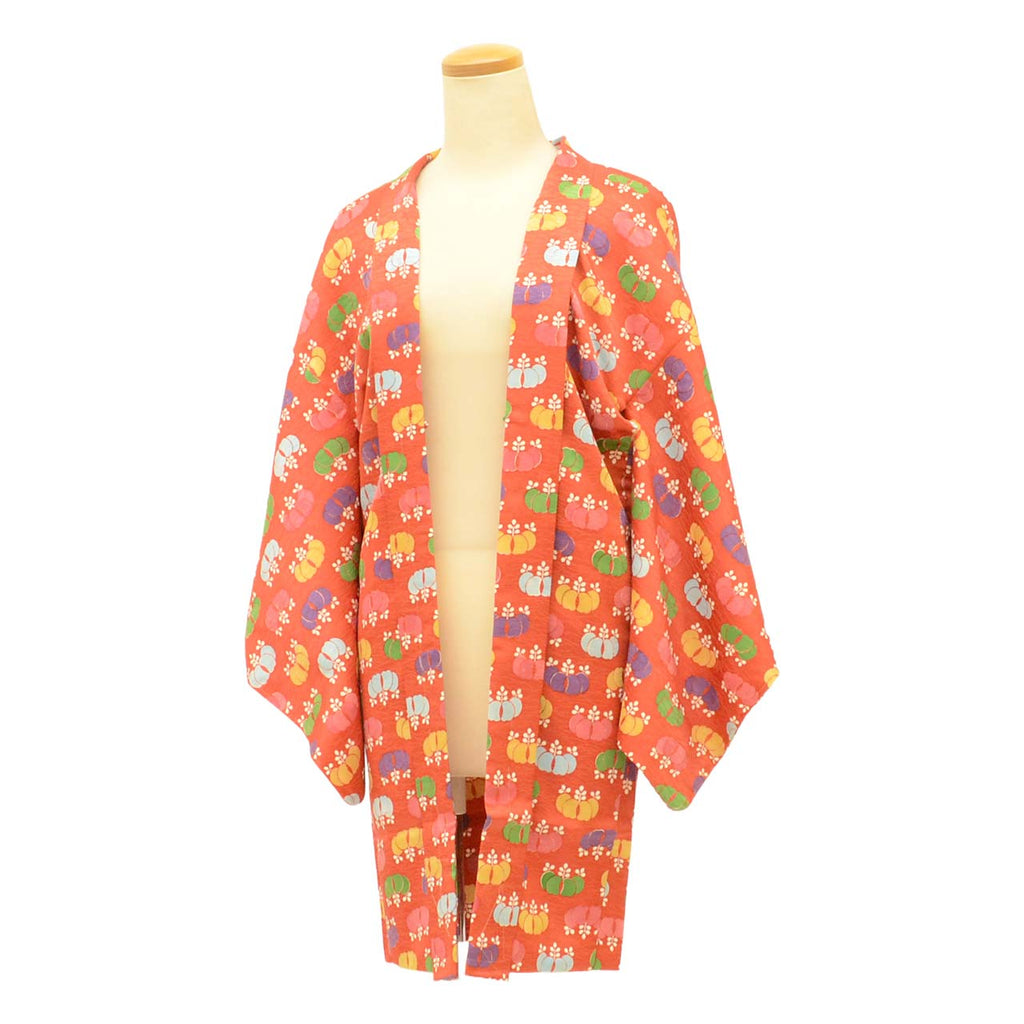 [Used] Long Haori (kimono jacket), recycled kimono, pure silk, unused, length 89.0cm (35.0in), sleeve length 65.5cm (25.8in), red, paulownia pattern, long length, SILK, reuse uu2454b 