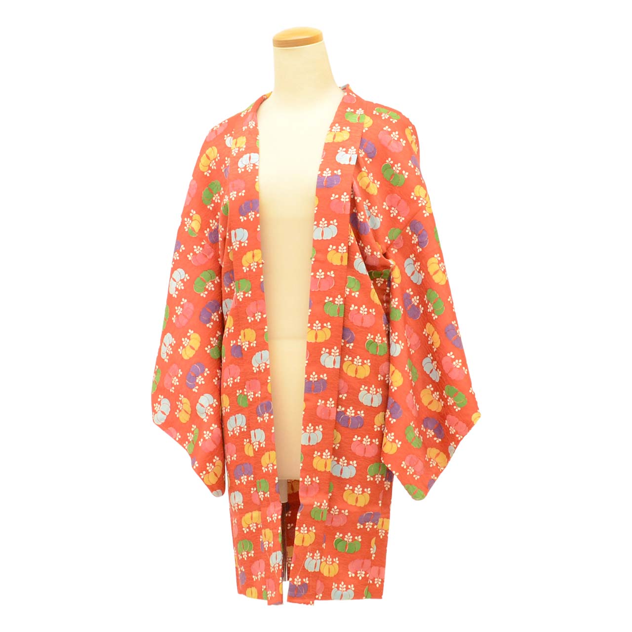 [Used] Long Haori (kimono jacket), recycled kimono, pure silk, unused, length 89.0cm (35.0in), sleeve length 65.5cm (25.8in), red, paulownia pattern, long length, SILK, reuse uu2454b 