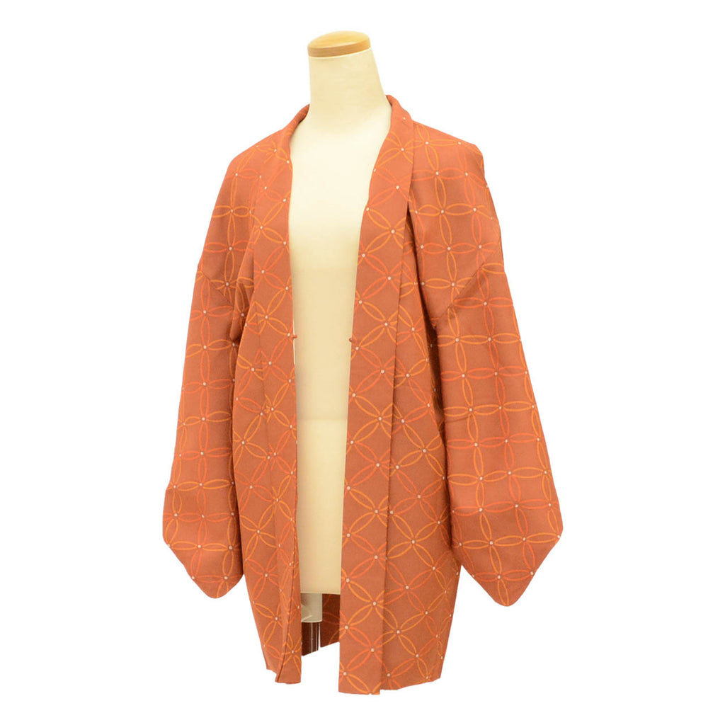 [Used] Haori (kimono jacket), recycled kimono, pure silk, brown, Shippo pattern, length 79.0cm (31.1in), sleeve length 64.0cm (25.2in), SILK, reuse uu2457b 