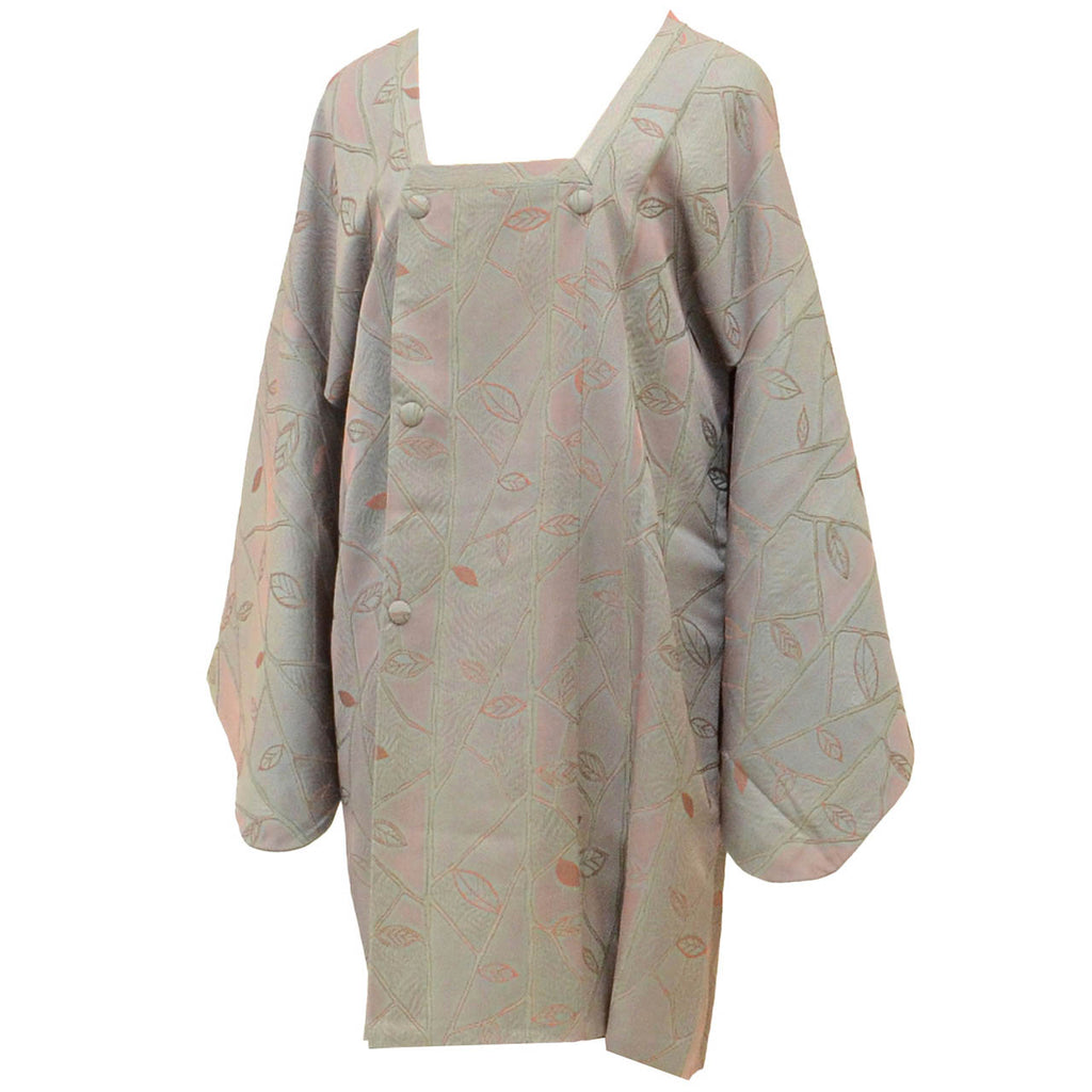 Vintage Japanese Kimono | Michiyuki Coat | Gray Silk | Botanical Fukure-ori | Sustainable | uu2466b