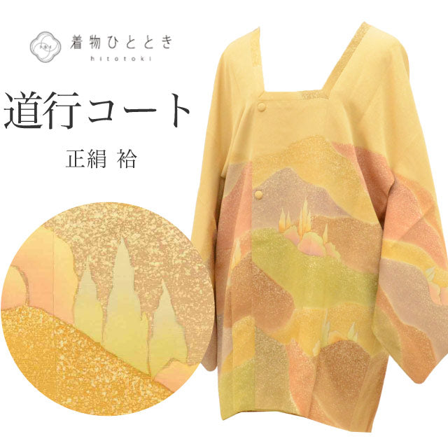【中古】 道行コート リサイクル着物 正絹 絹 身丈83.5cm 裄丈64.3cm ベージュ 山 ロング丈 SILK シルク リユース uu2477b