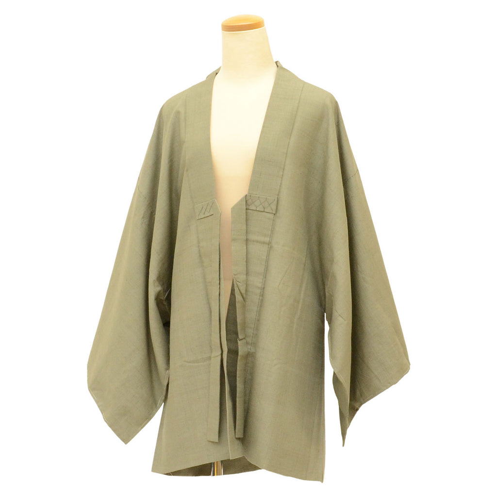 [Used] Recycled Men's Haori Jacket, Long Haori, Pure Silk, Excellent Condition, Unused, Tsumugi Silk, Length 85.0cm (33.5in), Sleeve Length 71.0cm (28.0in), Green, Plain, Long Length, with Haori Cord, SILK, Reuse, uu2512b 