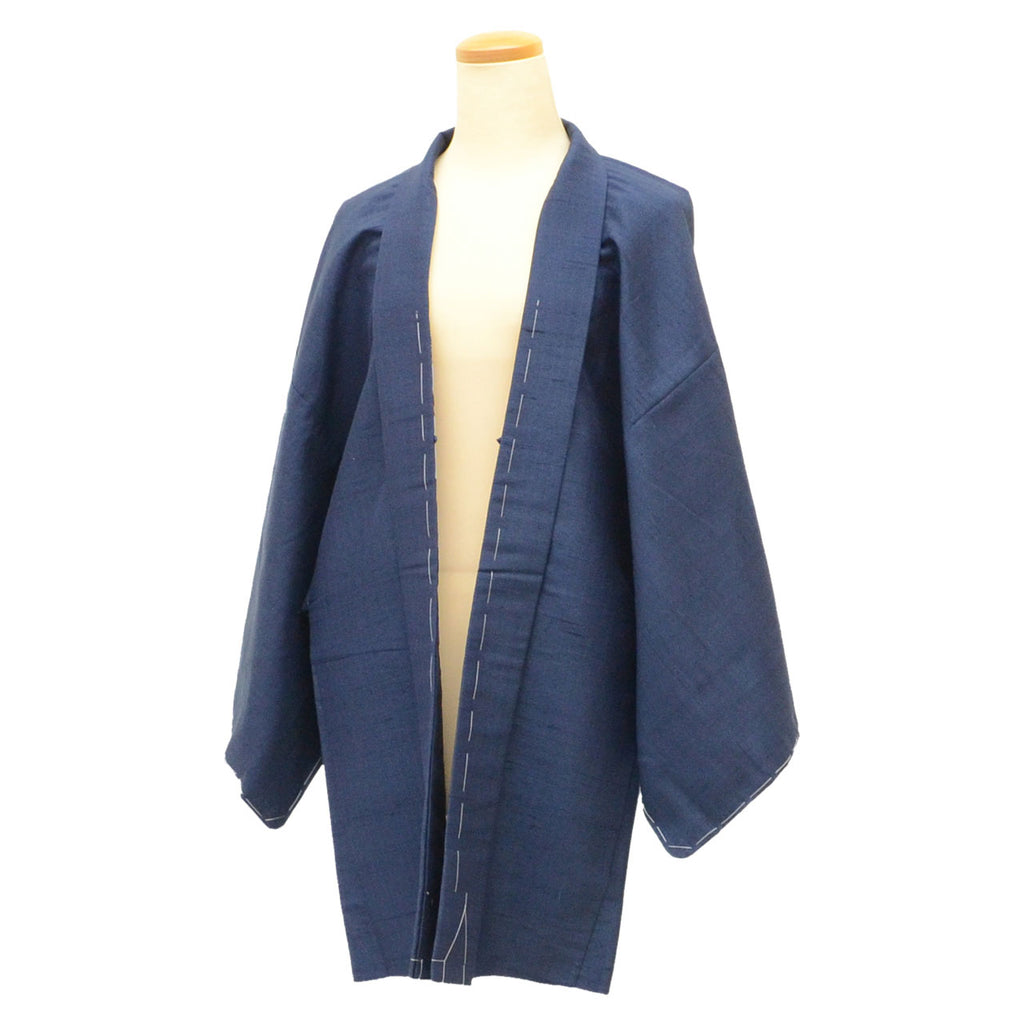 [Used] Recycled Men's Haori Jacket, Long Haori, Pure Silk, Excellent Condition, Unused, Tsumugi Silk, Length 85.0cm (33.5in), Sleeve Length 68.0cm (26.8in), Navy Blue, Plain, Long Length, SILK, Reuse uu2516b 