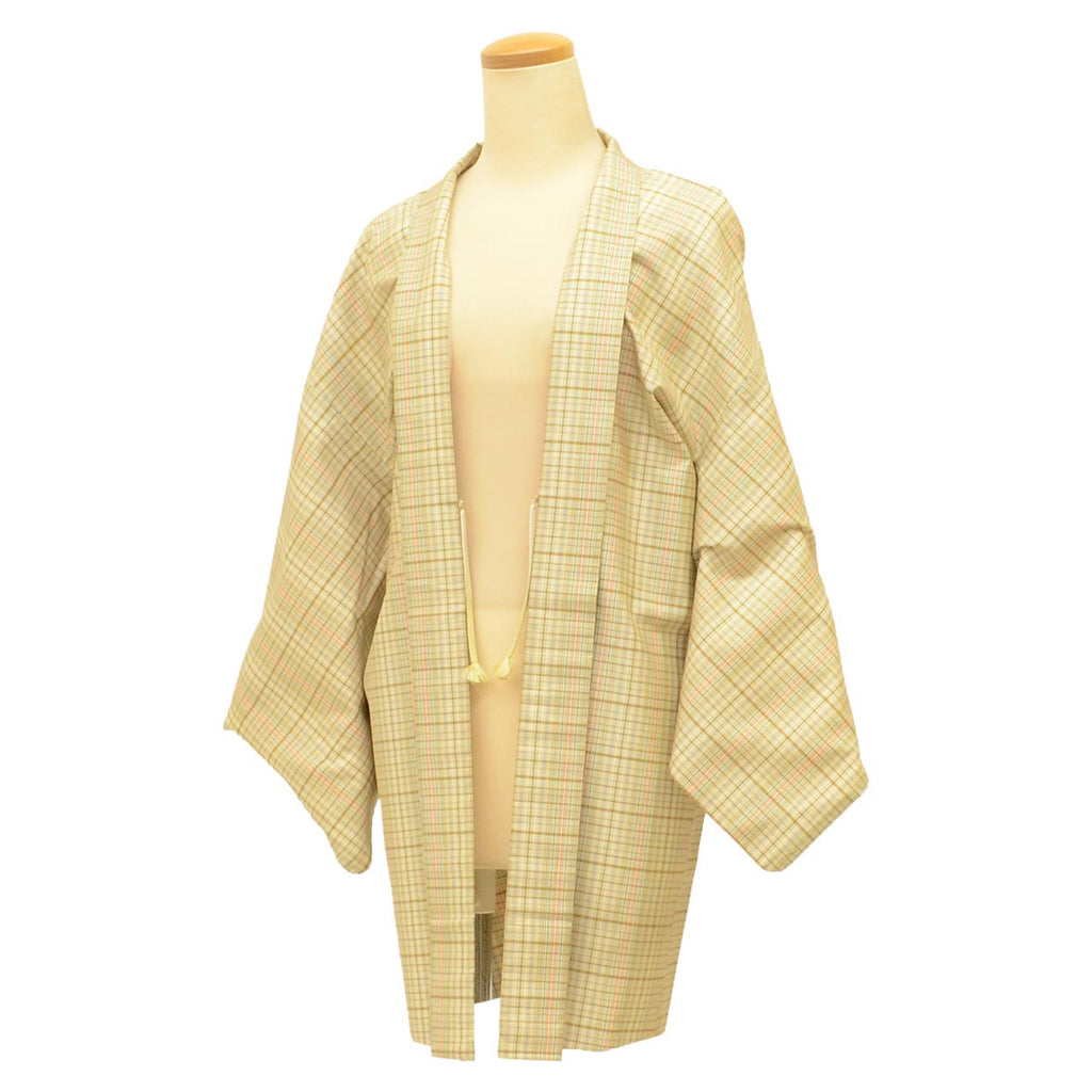 Vintage Japanese Kimono | Women's Long Haori Jacket | Beige Silk | Oshima Tsumugi | Lattice | With Himo | Sustainable | uu2520b