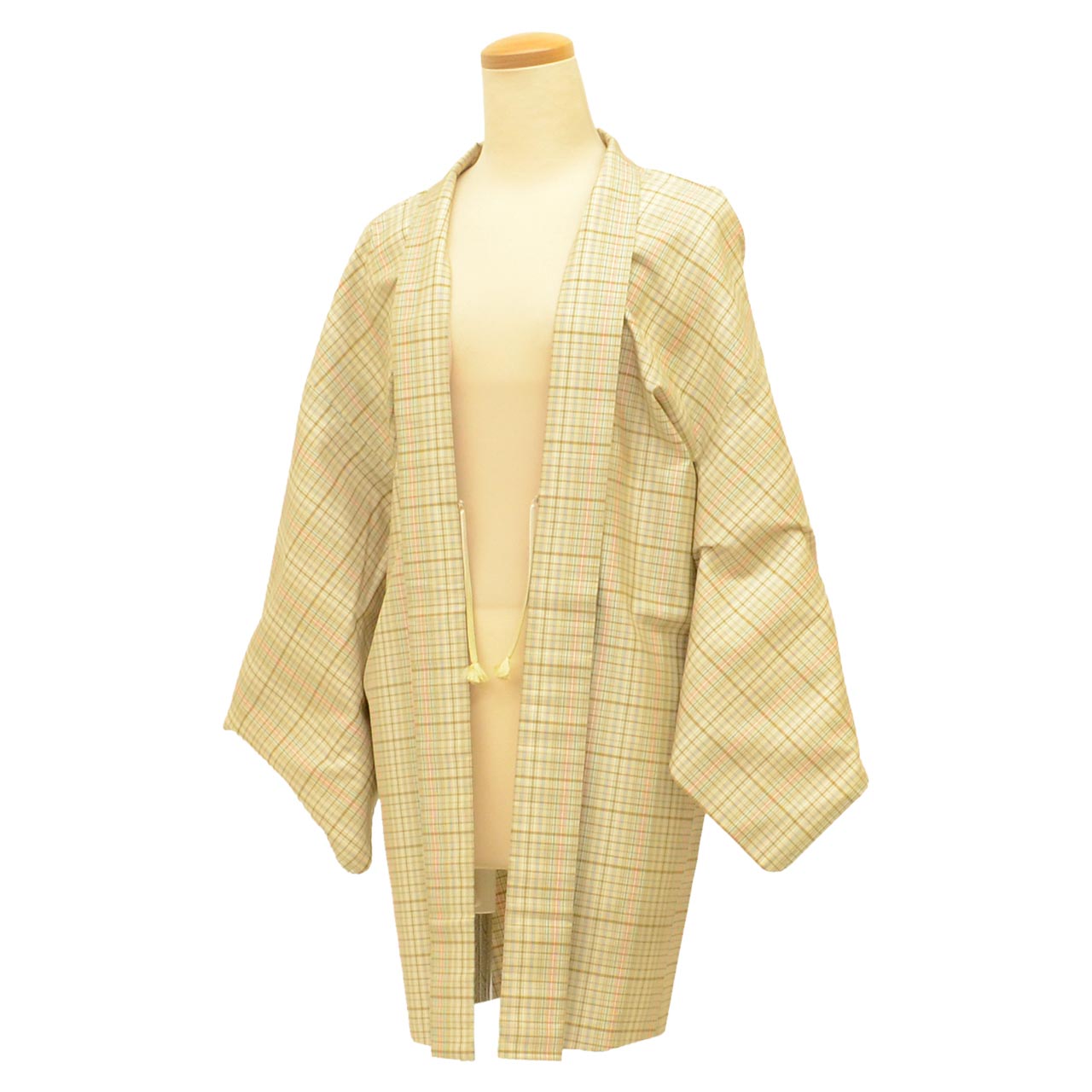 Vintage Japanese Kimono | Women's Long Haori Jacket | Beige Silk | Oshima Tsumugi | Lattice | With Himo | Sustainable | uu2520b
