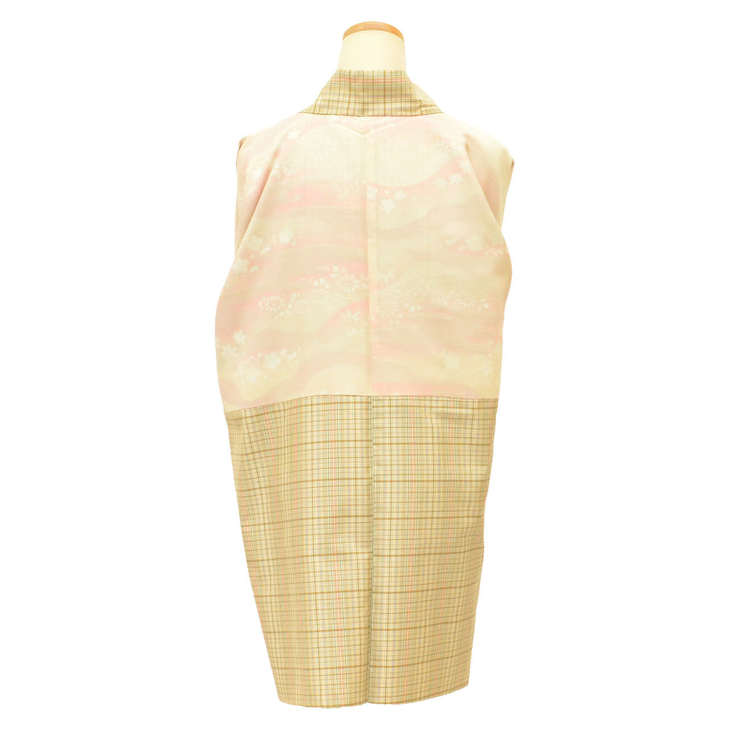 Vintage Japanese Kimono | Women's Long Haori Jacket | Beige Silk | Oshima Tsumugi | Lattice | With Himo | Sustainable | uu2520b