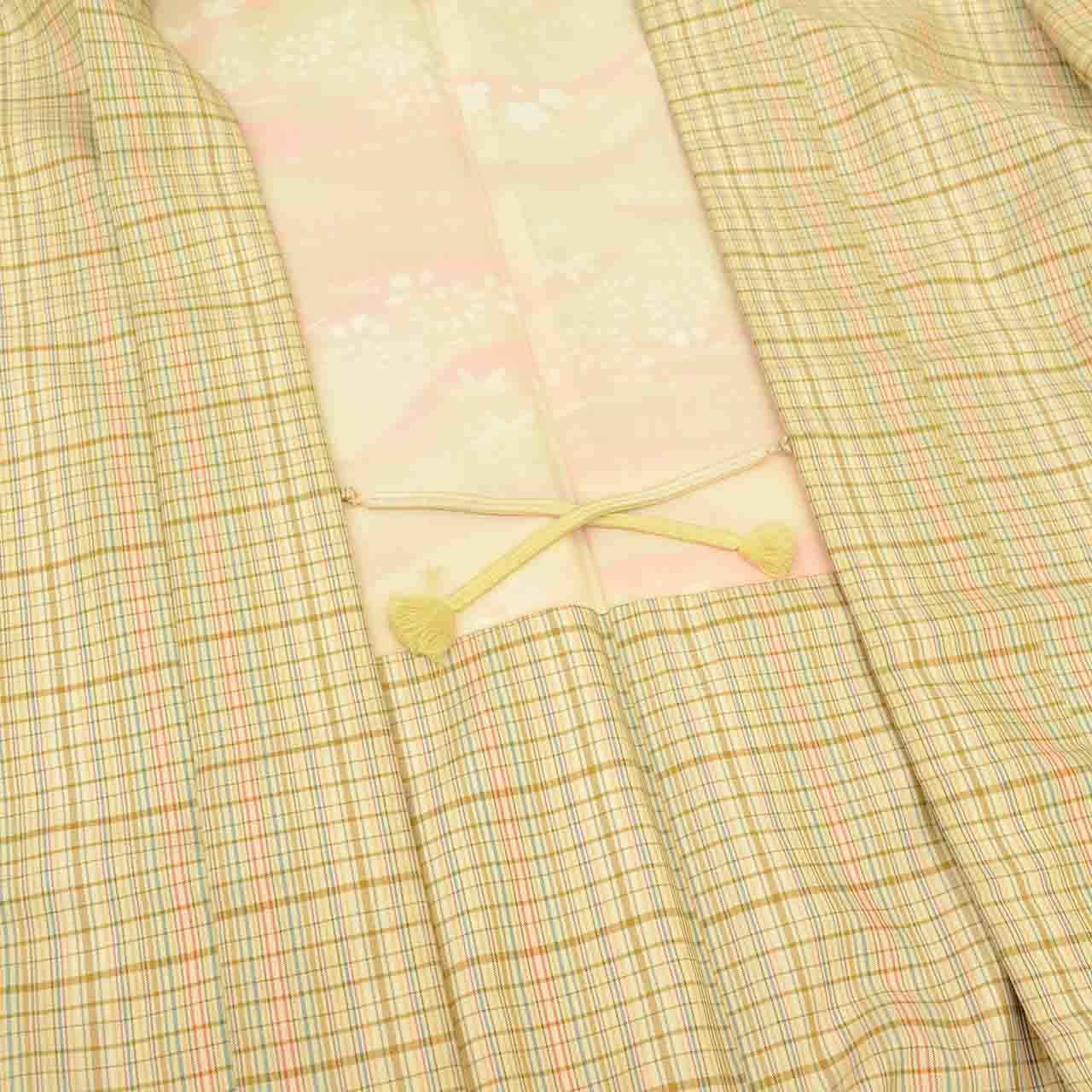 Vintage Japanese Kimono | Women's Long Haori Jacket | Beige Silk | Oshima Tsumugi | Lattice | With Himo | Sustainable | uu2520b
