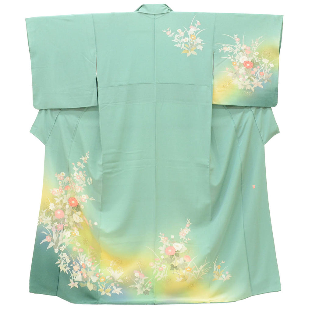[Used] Recycled Kimono, Visiting Kimono, Pure Silk, Size M, Excellent Condition, Length 160.2cm (63.1in), Sleeve Length 67.4cm (26.5in), Lined, Ready-made, Signed by Artist, Yuzen Dyeing, Gold Leaf, Green, Floral Pattern, Silk, Reused uu2526b 
