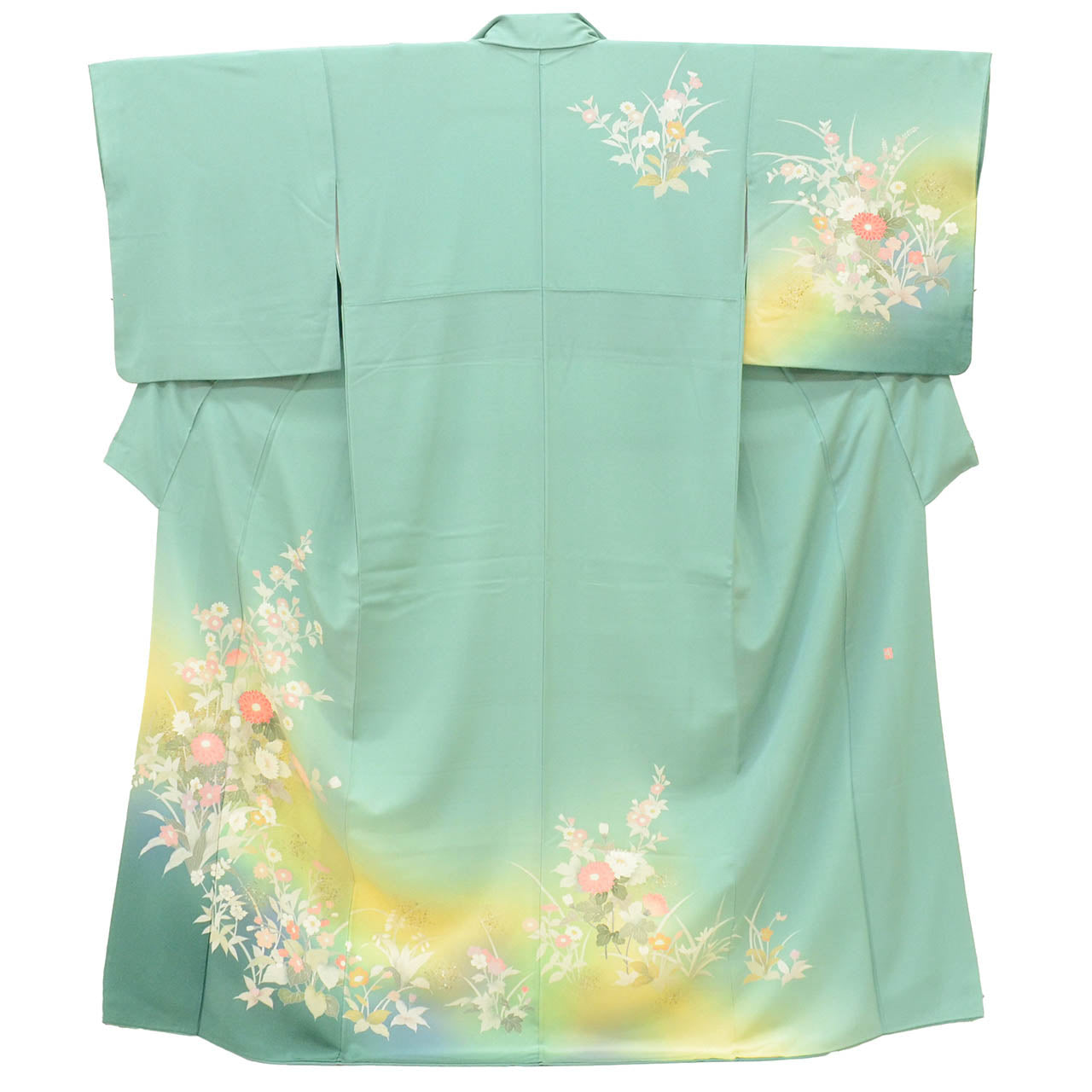 [Used] Recycled Kimono, Visiting Kimono, Pure Silk, Size M, Excellent Condition, Length 160.2cm (63.1in), Sleeve Length 67.4cm (26.5in), Lined, Ready-made, Signed by Artist, Yuzen Dyeing, Gold Leaf, Green, Floral Pattern, Silk, Reused uu2526b 