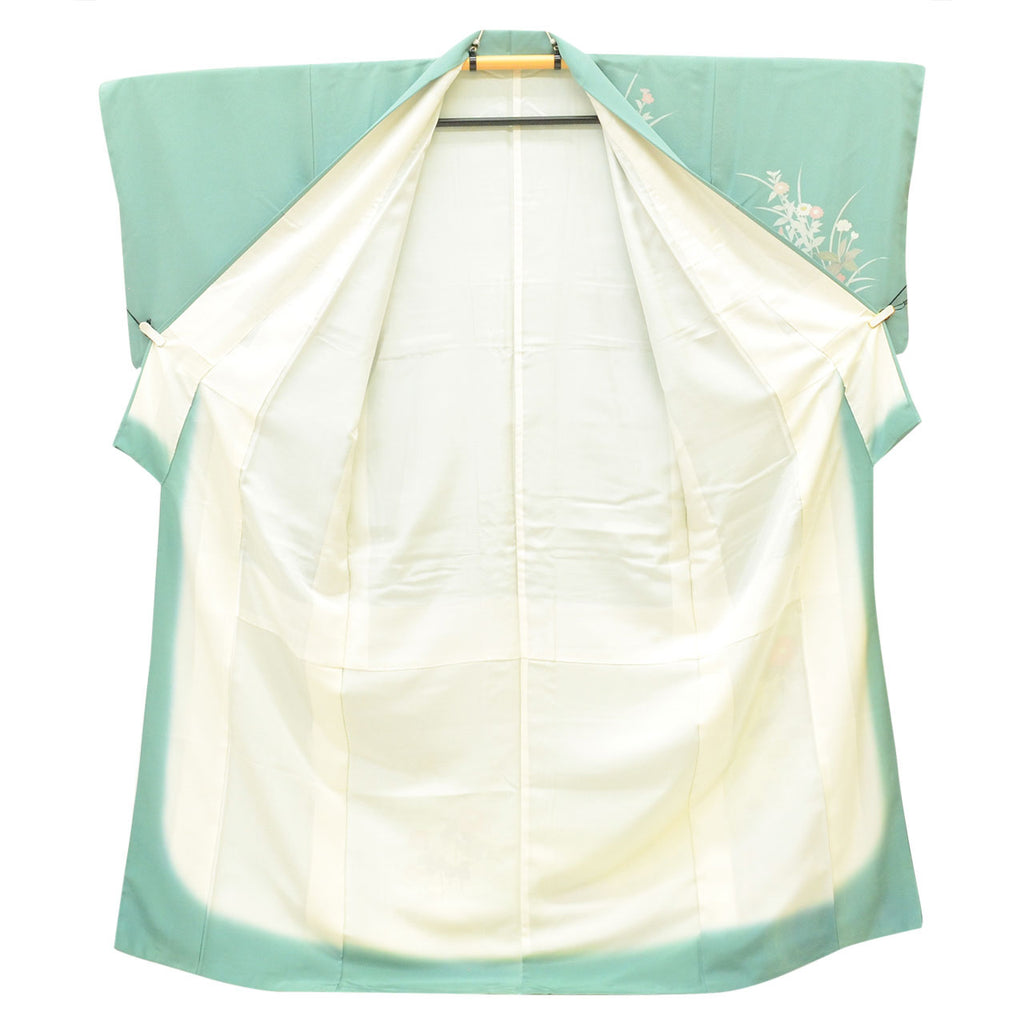 [Used] Recycled Kimono, Visiting Kimono, Pure Silk, Size M, Excellent Condition, Length 160.2cm (63.1in), Sleeve Length 67.4cm (26.5in), Lined, Ready-made, Signed by Artist, Yuzen Dyeing, Gold Leaf, Green, Floral Pattern, Silk, Reused uu2526b 