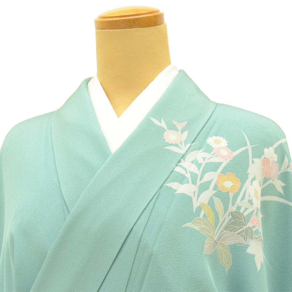 [Used] Recycled Kimono, Visiting Kimono, Pure Silk, Size M, Excellent Condition, Length 160.2cm (63.1in), Sleeve Length 67.4cm (26.5in), Lined, Ready-made, Signed by Artist, Yuzen Dyeing, Gold Leaf, Green, Floral Pattern, Silk, Reused uu2526b 